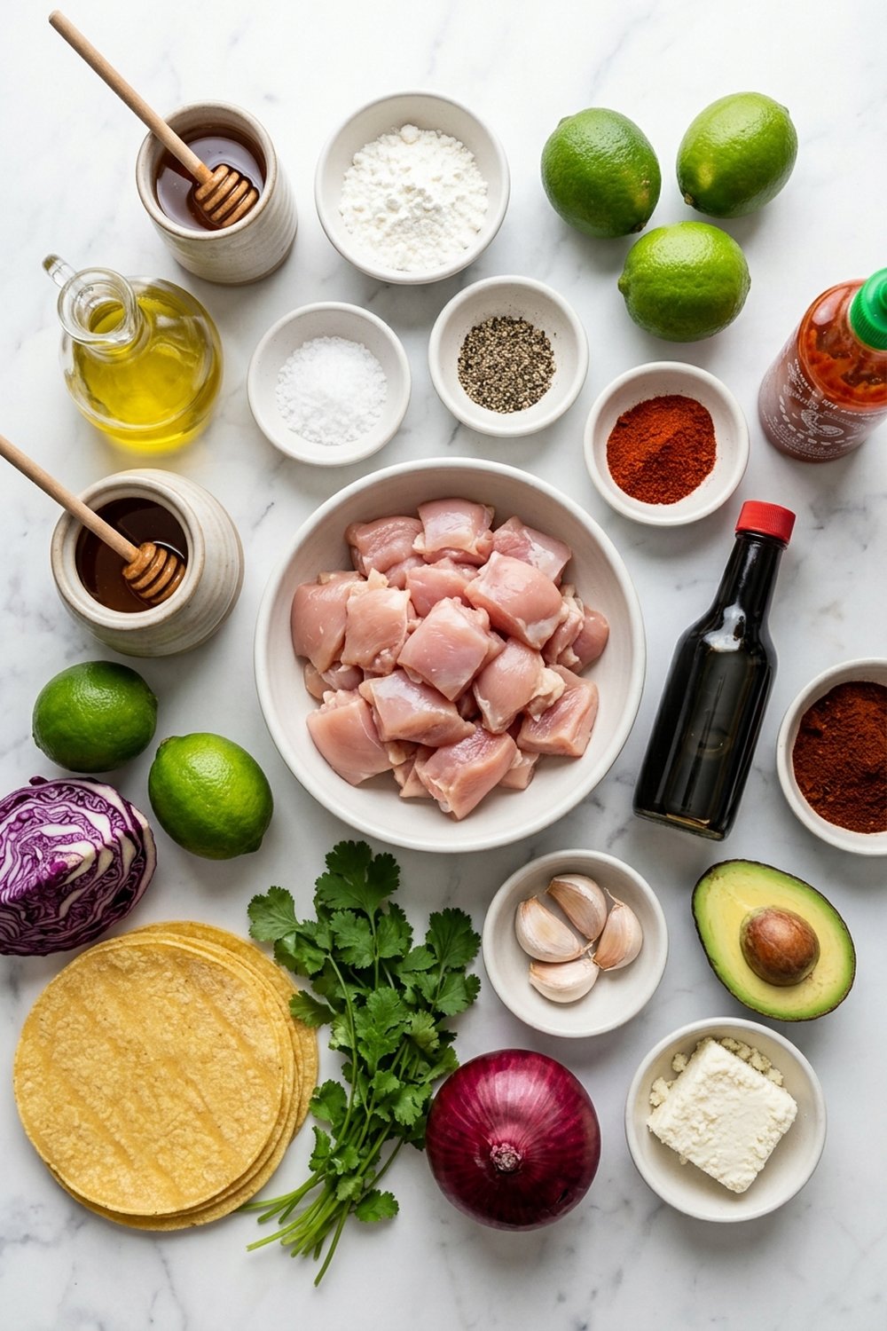 Flat lay of ingredients for crispy honey lime chicken tacos on white marble