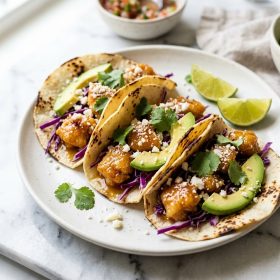 Crispy honey lime chicken tacos with cabbage avocado and cilantro on white plate