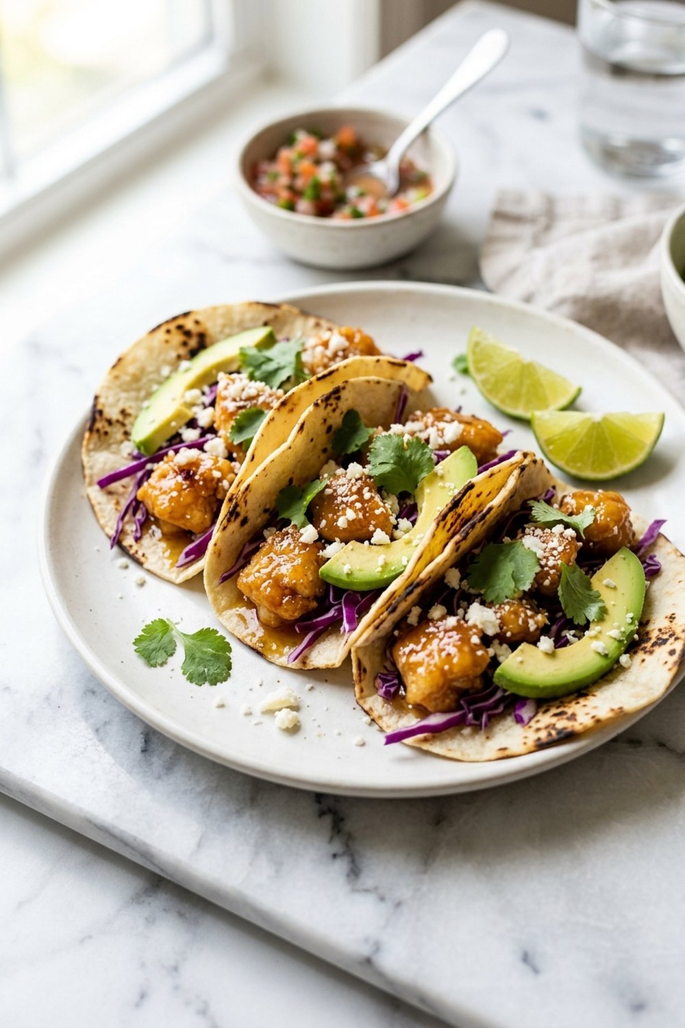 Crispy honey lime chicken tacos with cabbage avocado and cilantro on white plate