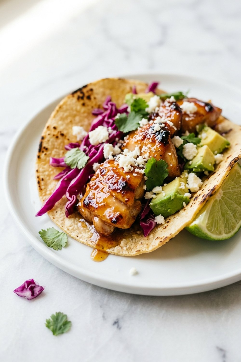 Close up of crispy honey lime chicken taco with glaze dripping