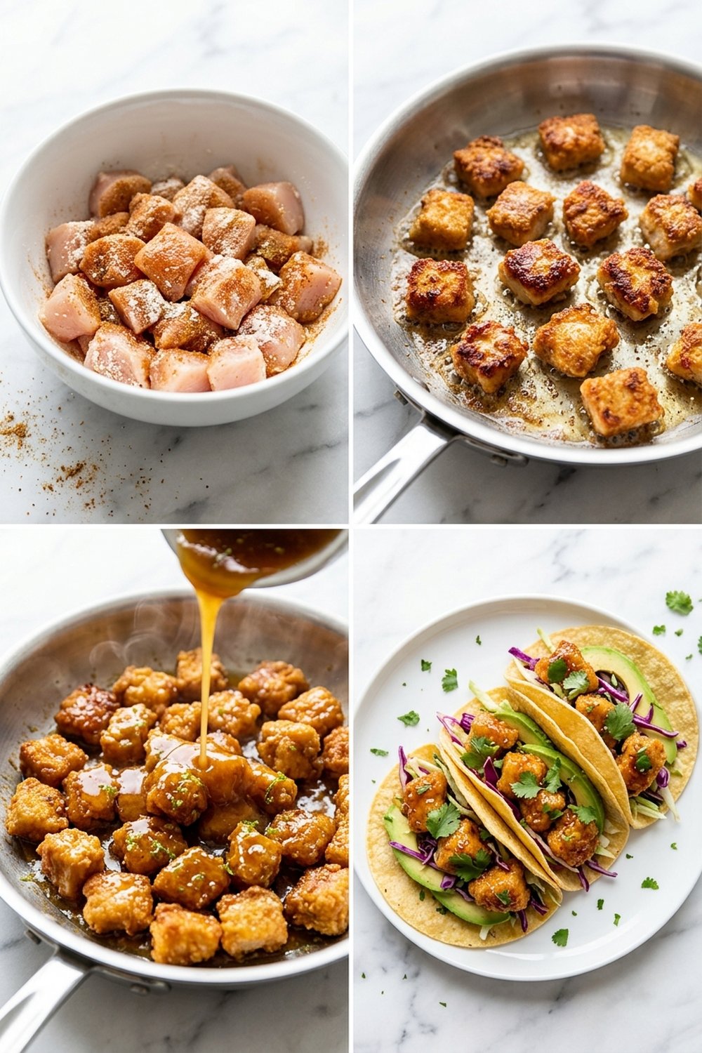 Four step process collage for crispy honey lime chicken tacos