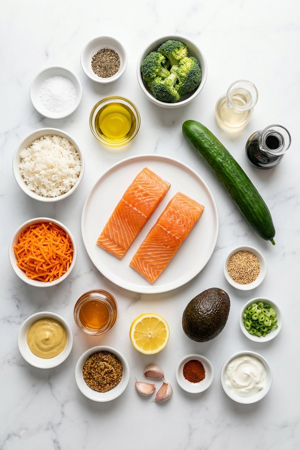 Flat lay of ingredients for honey mustard salmon bowls on white marble