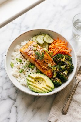 Honey mustard salmon bowl with jasmine rice broccoli and avocado