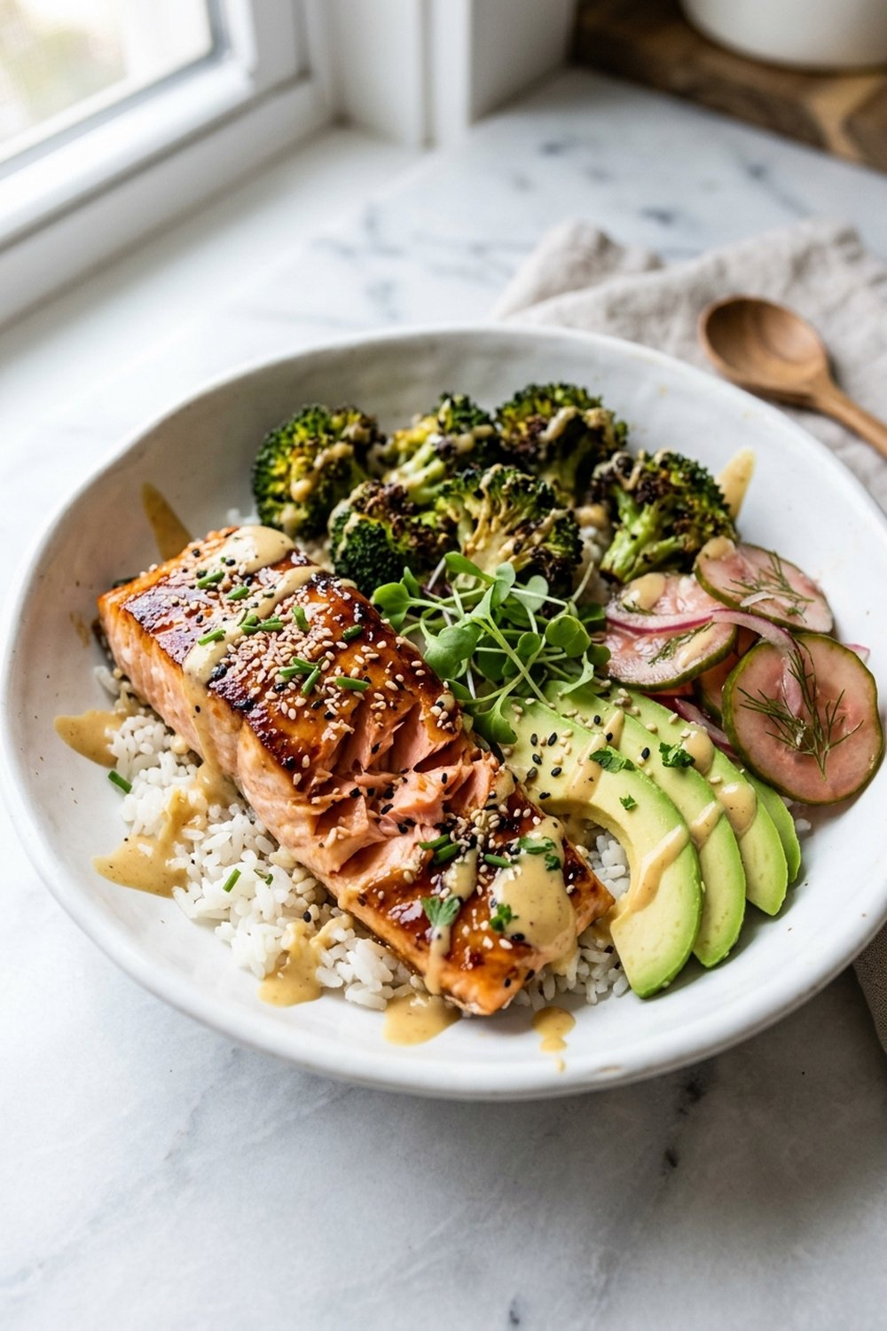 Close up of honey mustard salmon bowl with creamy drizzle