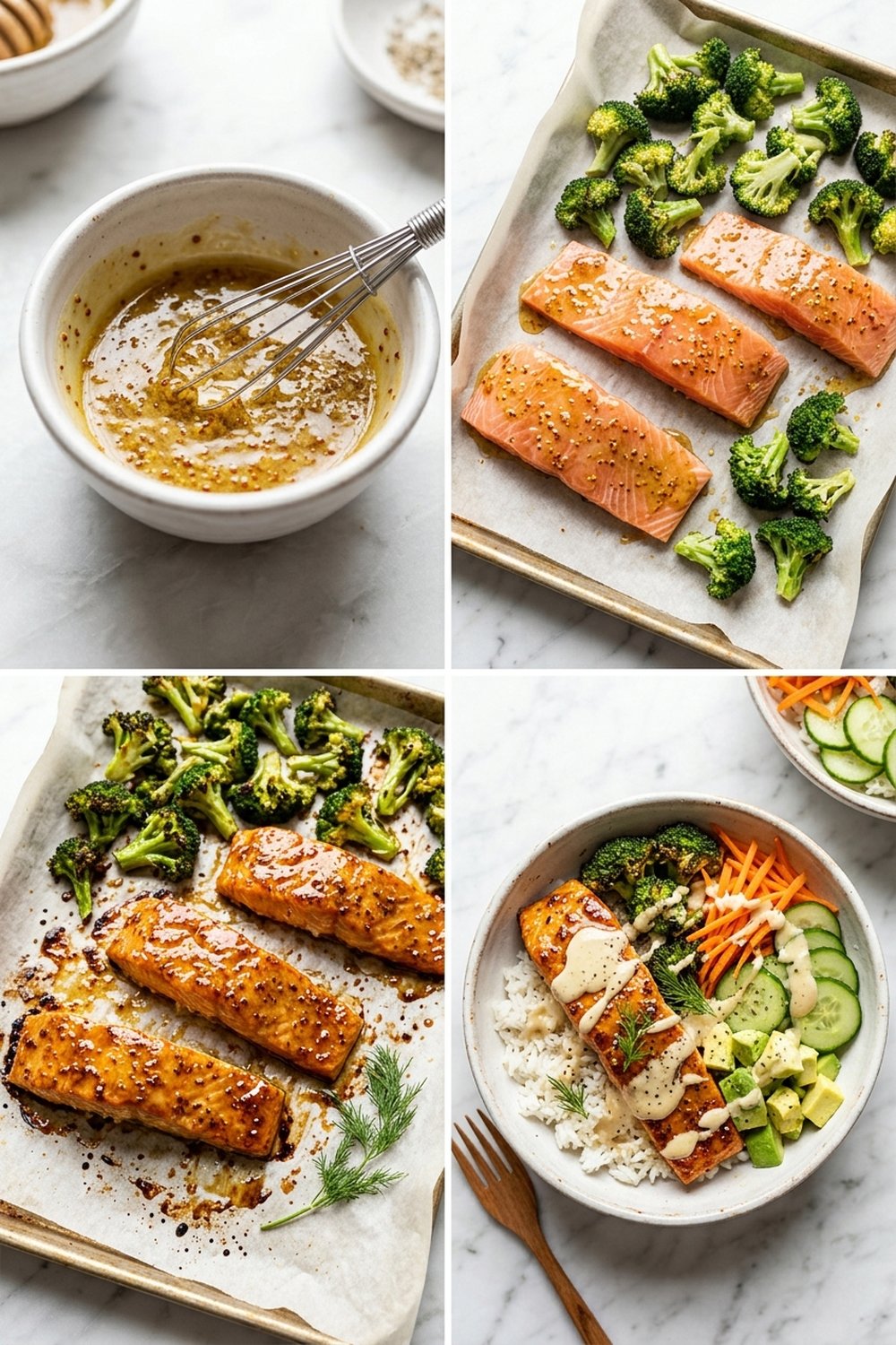 Four step process collage for honey mustard salmon bowls