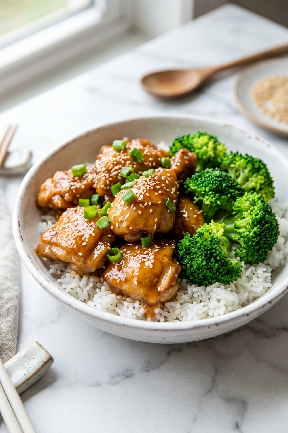 Honey Sesame Chicken with Broccoli close up