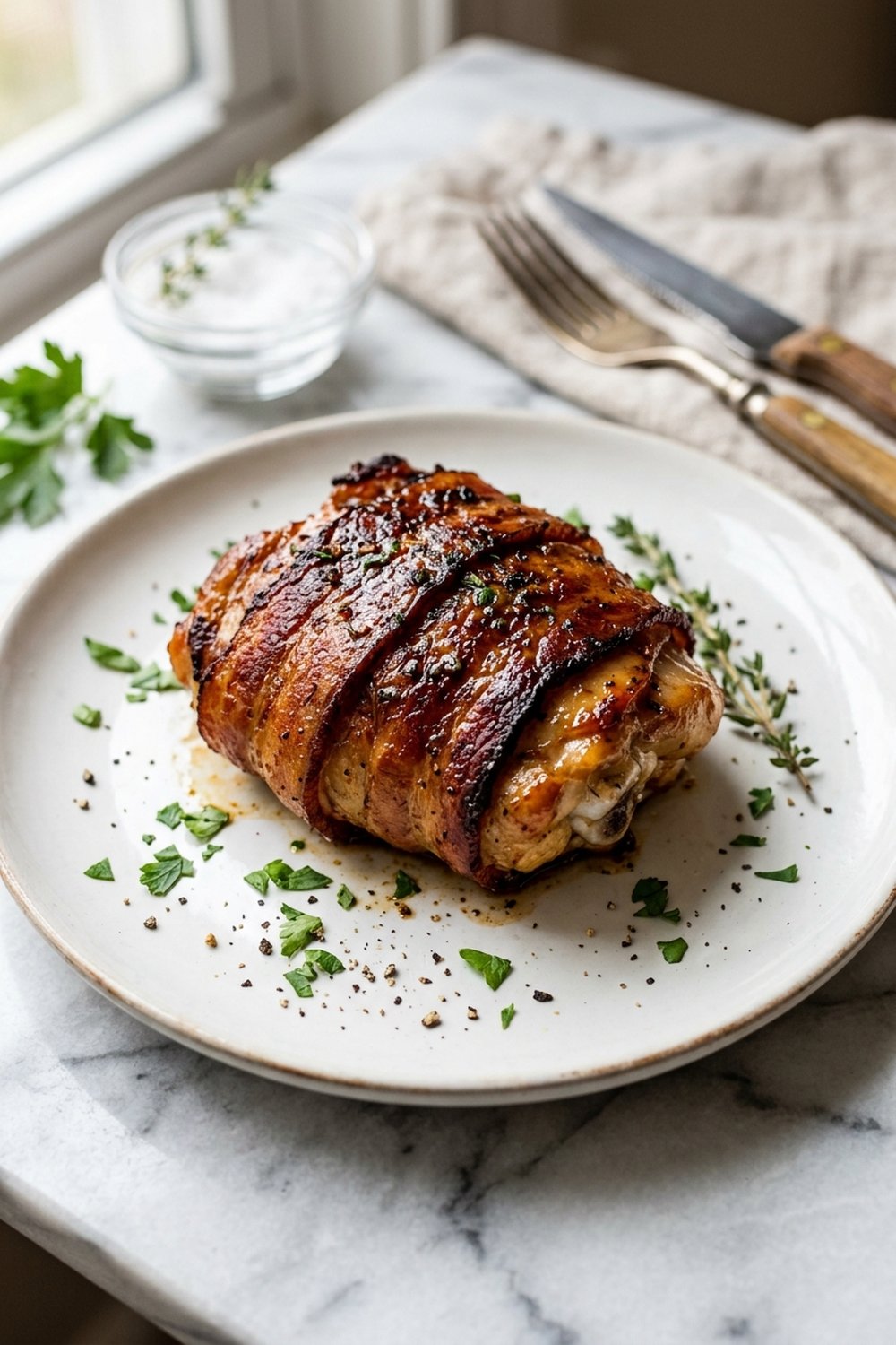 Keto Bacon Wrapped Chicken Thighs close up