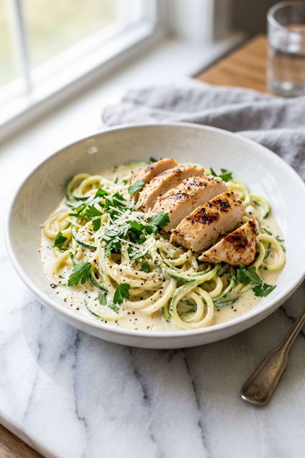 Keto Chicken Alfredo Zucchini Noodles close up