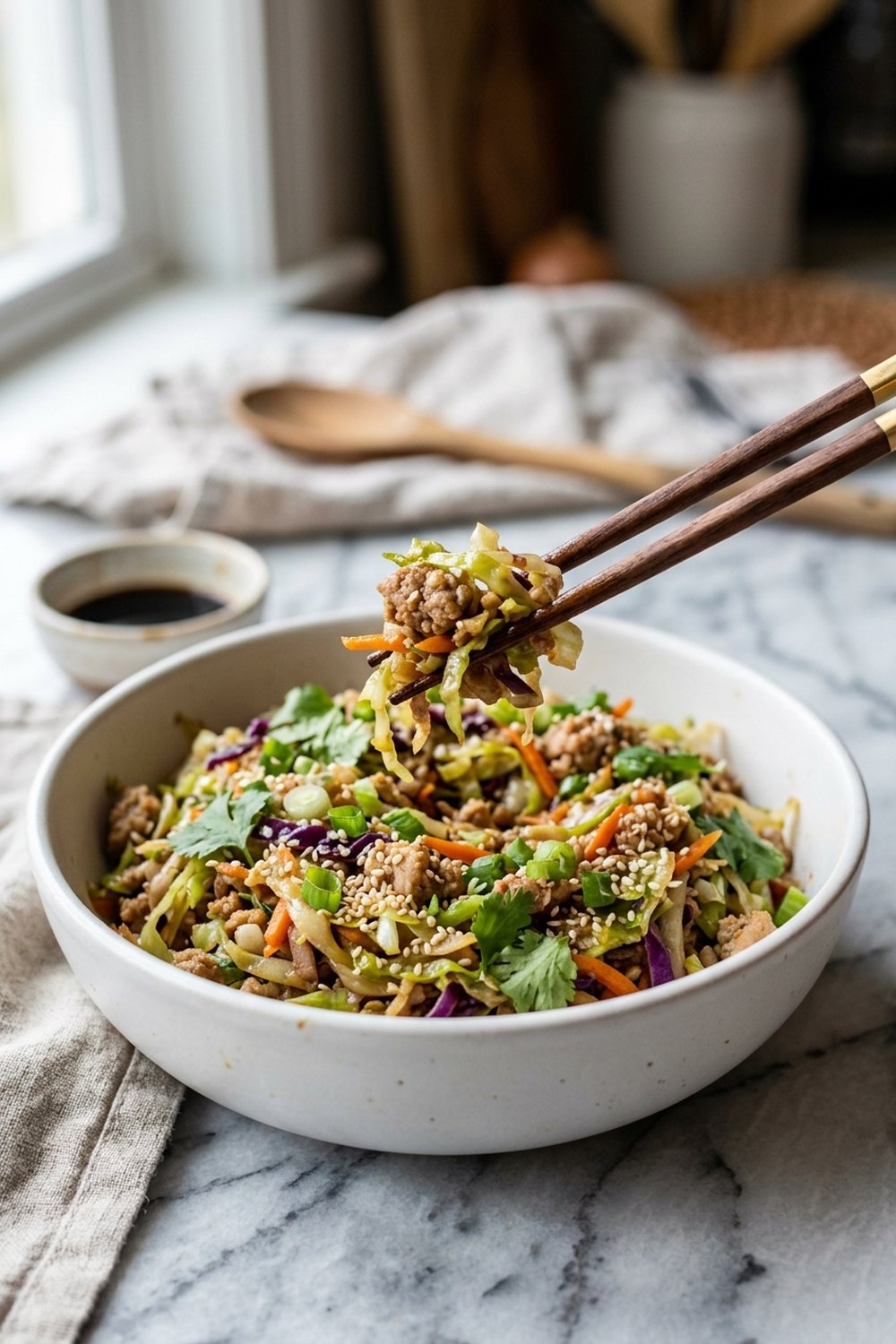 Keto Egg Roll in a Bowl close up