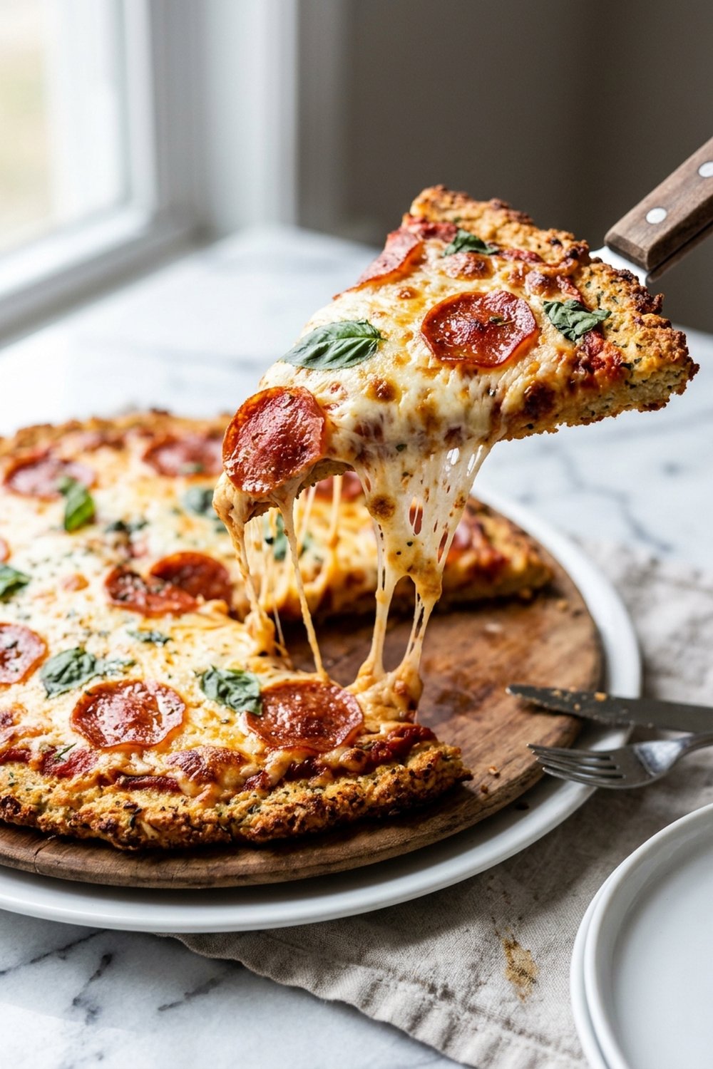 Keto Pizza with Chicken Crust close up