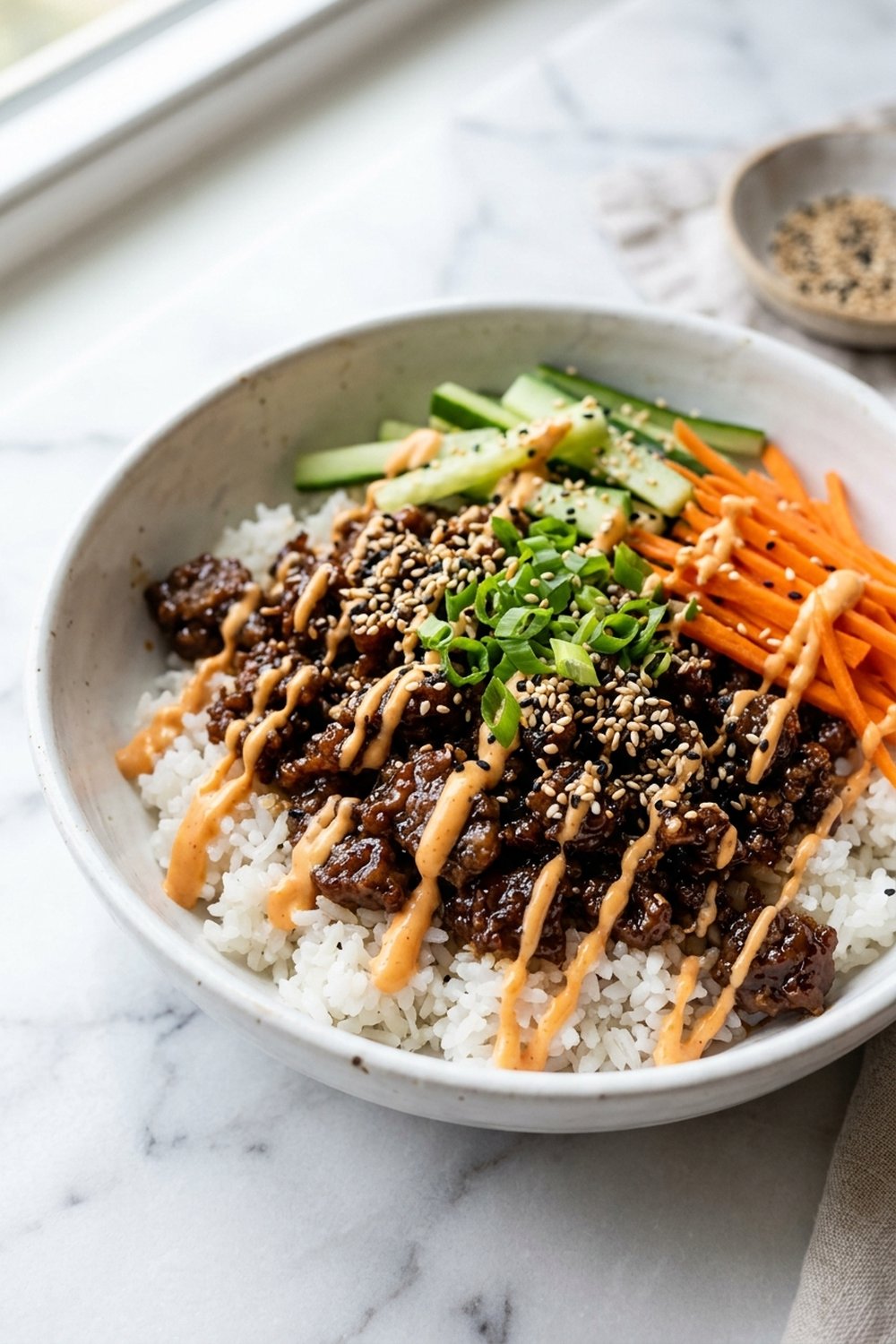 Korean BBQ Beef Bowls (Bulgogi Bowls) close up