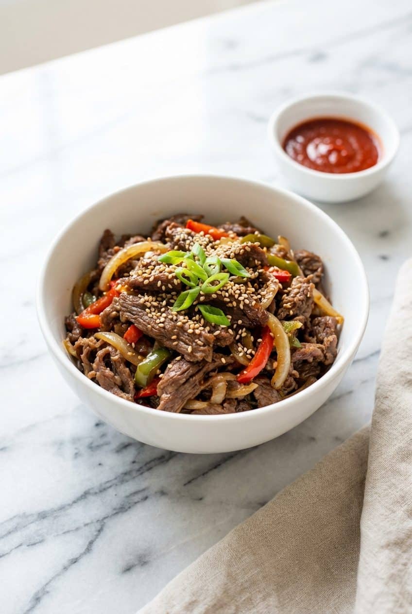 Korean beef bulgogi bowl with sesame and green onion