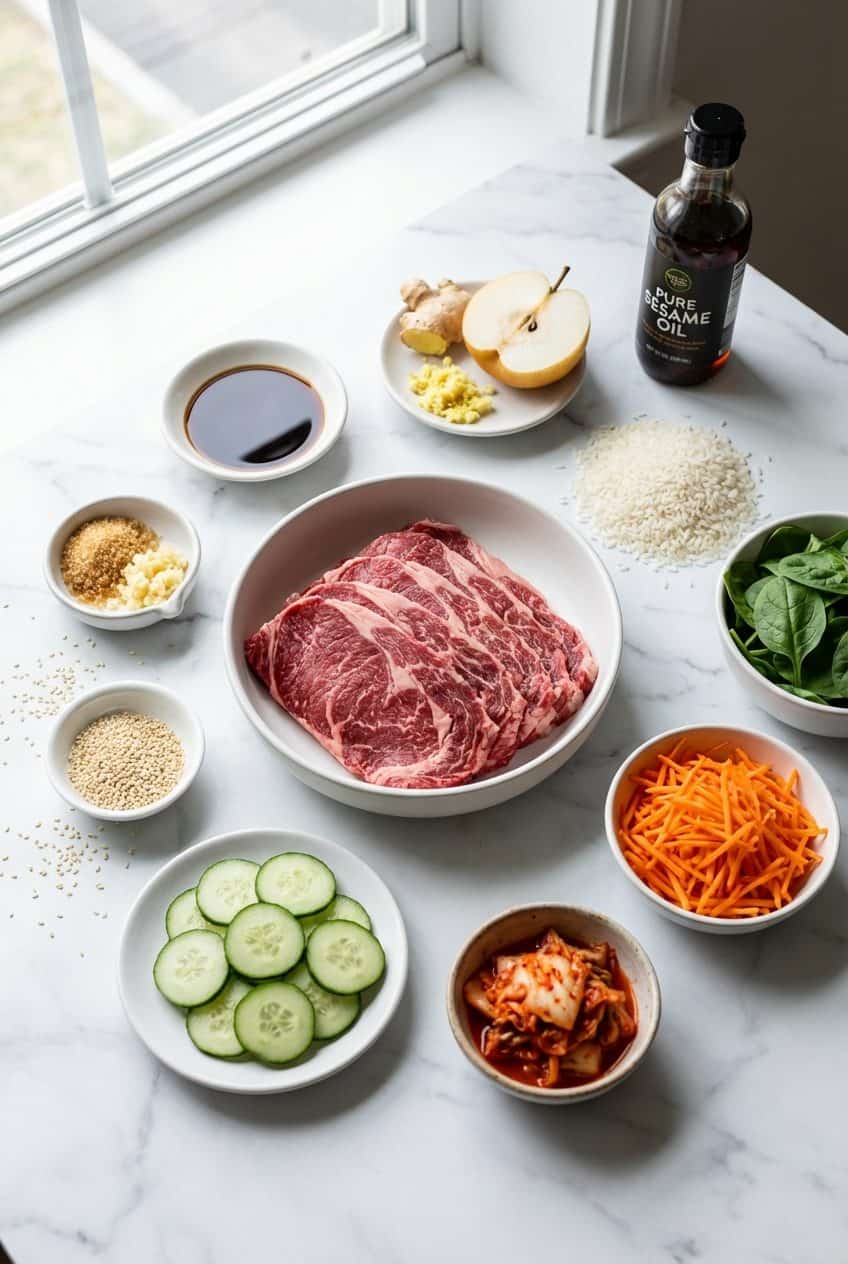 Raw ingredients for Korean beef bulgogi bowl