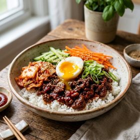 Korean Ground Beef Bowls (Soegogi Deopbap) served on a plate