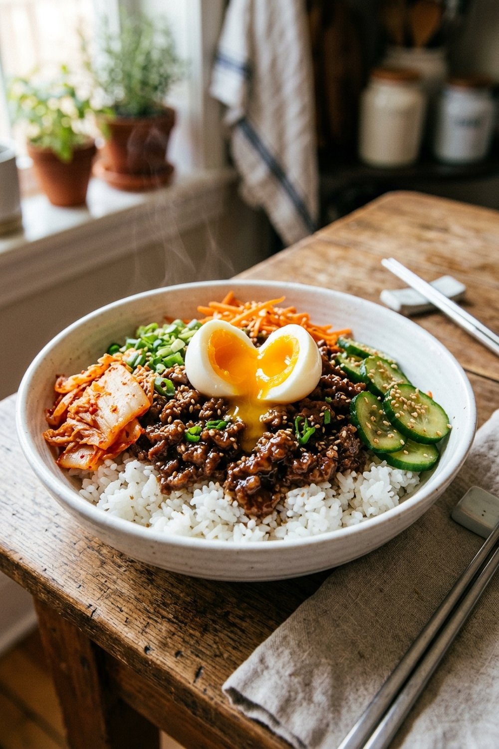 Korean Ground Beef Bowls (Soegogi Deopbap) close up