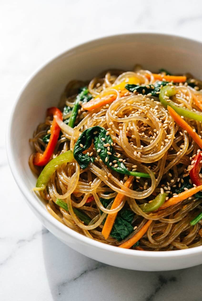 Close up of Korean Japchae Noodles