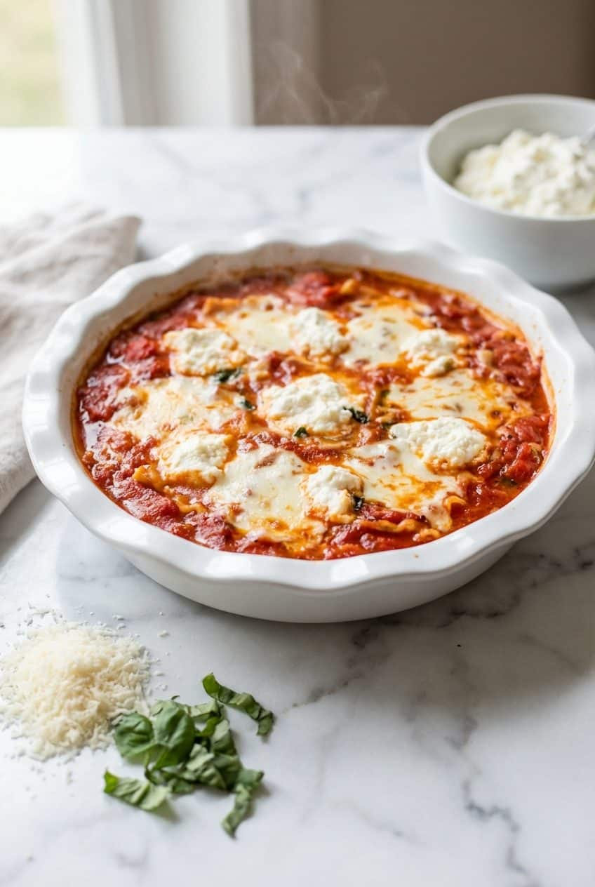 Lasagna soup in a white baking dish with melted mozzarella and basil