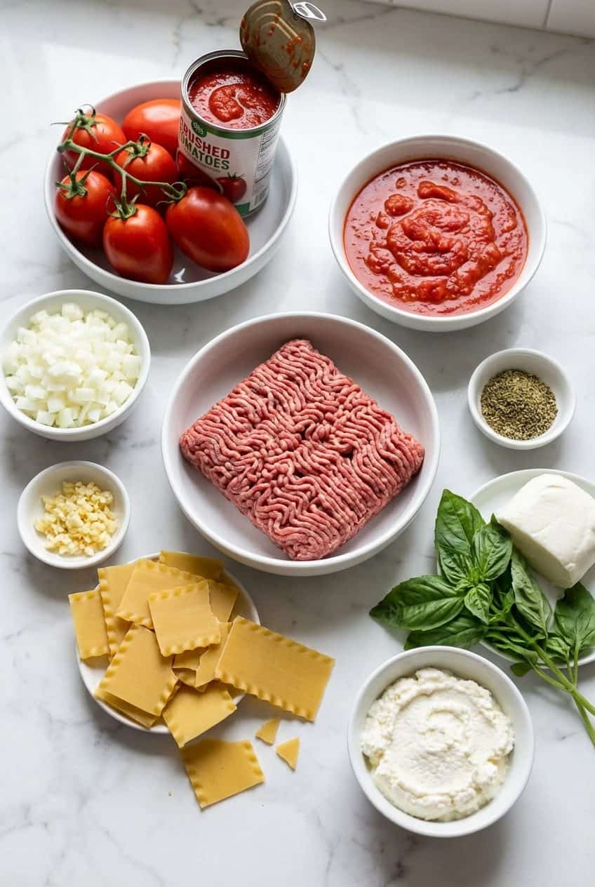 Raw ingredients for lasagna soup in white bowls on marble
