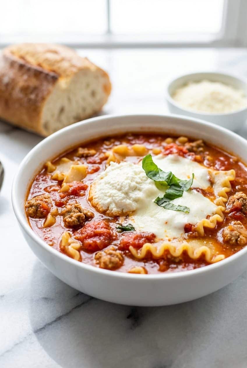 Single serving of lasagna soup in a white bowl with ricotta and melted mozzarella