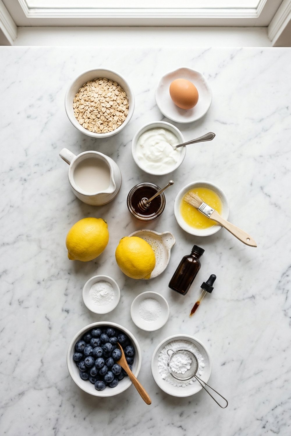Flat lay of ingredients for lemon blueberry baked oats on white marble