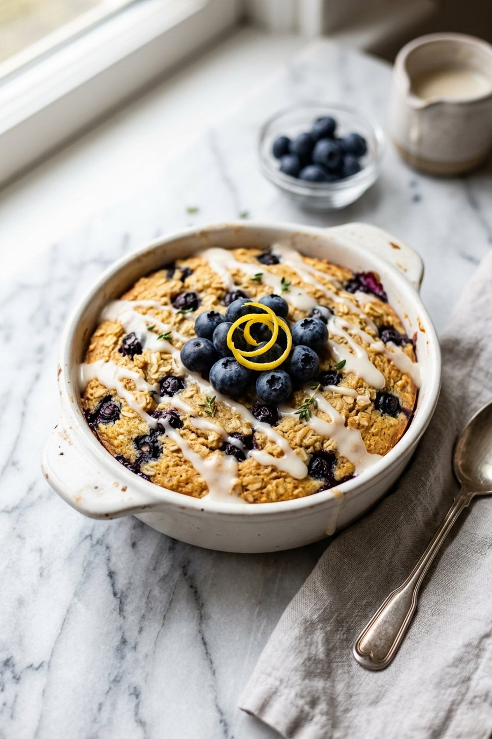Lemon blueberry baked oats with glaze and fresh blueberries in white dish