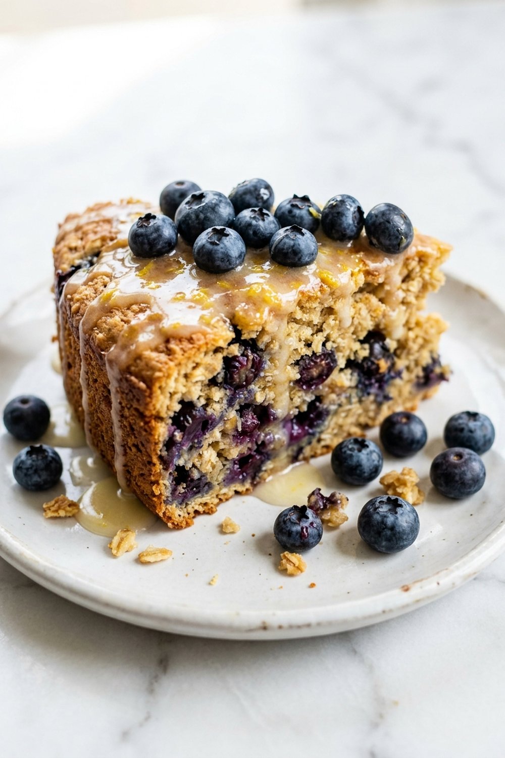 Close up slice of lemon blueberry baked oats with glaze drizzle