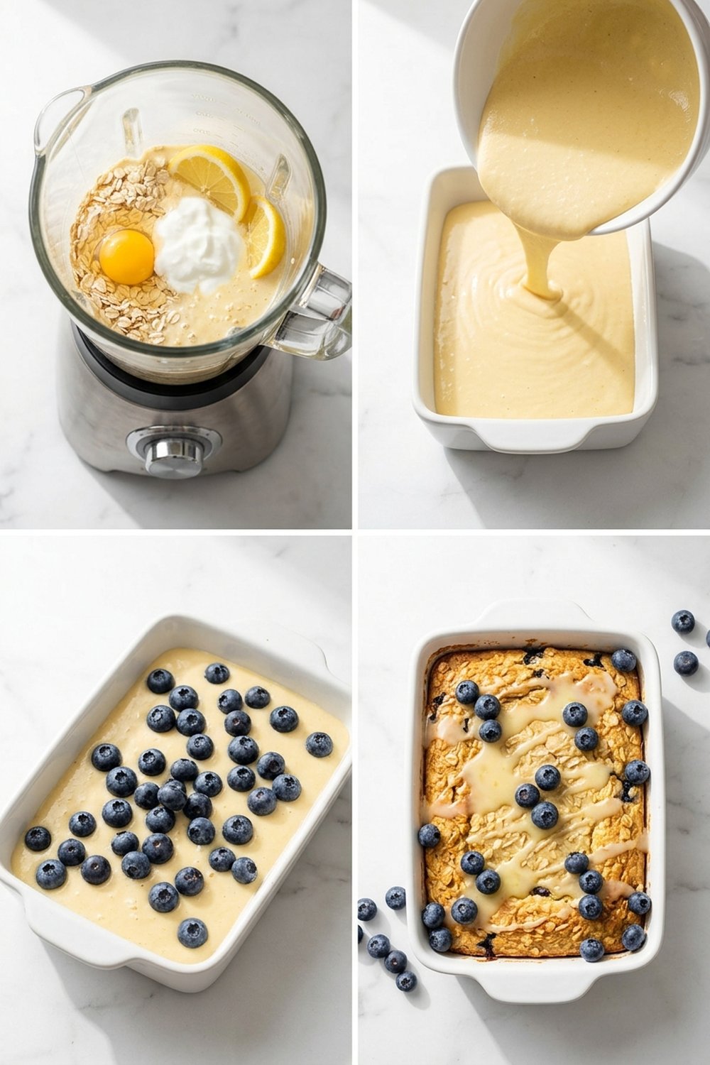 Four step process collage for lemon blueberry baked oats
