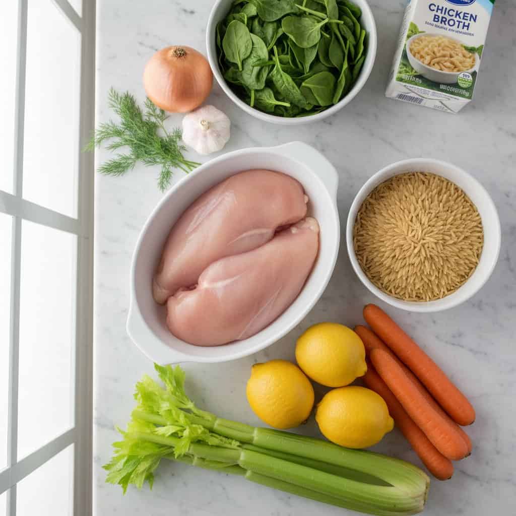 Ingredients for Lemon Chicken Orzo Soup