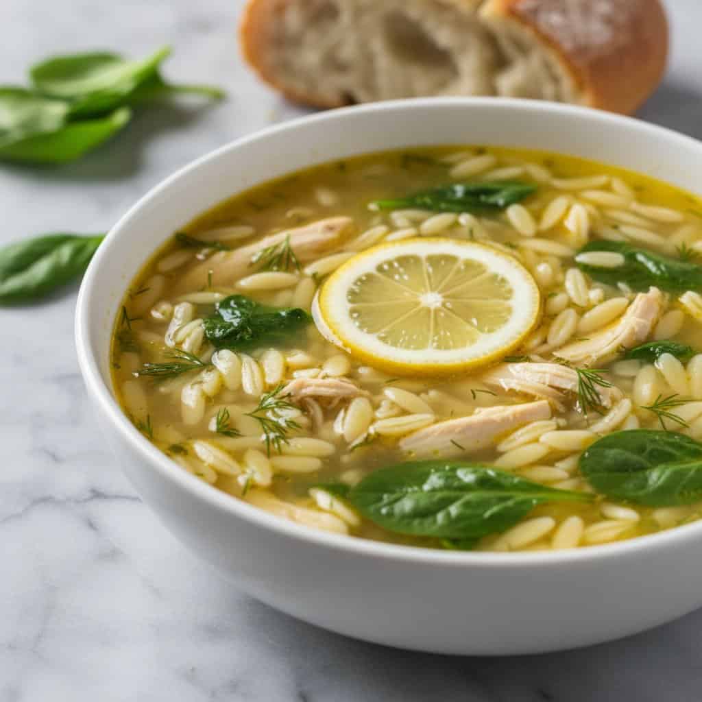 Close up of Lemon Chicken Orzo Soup