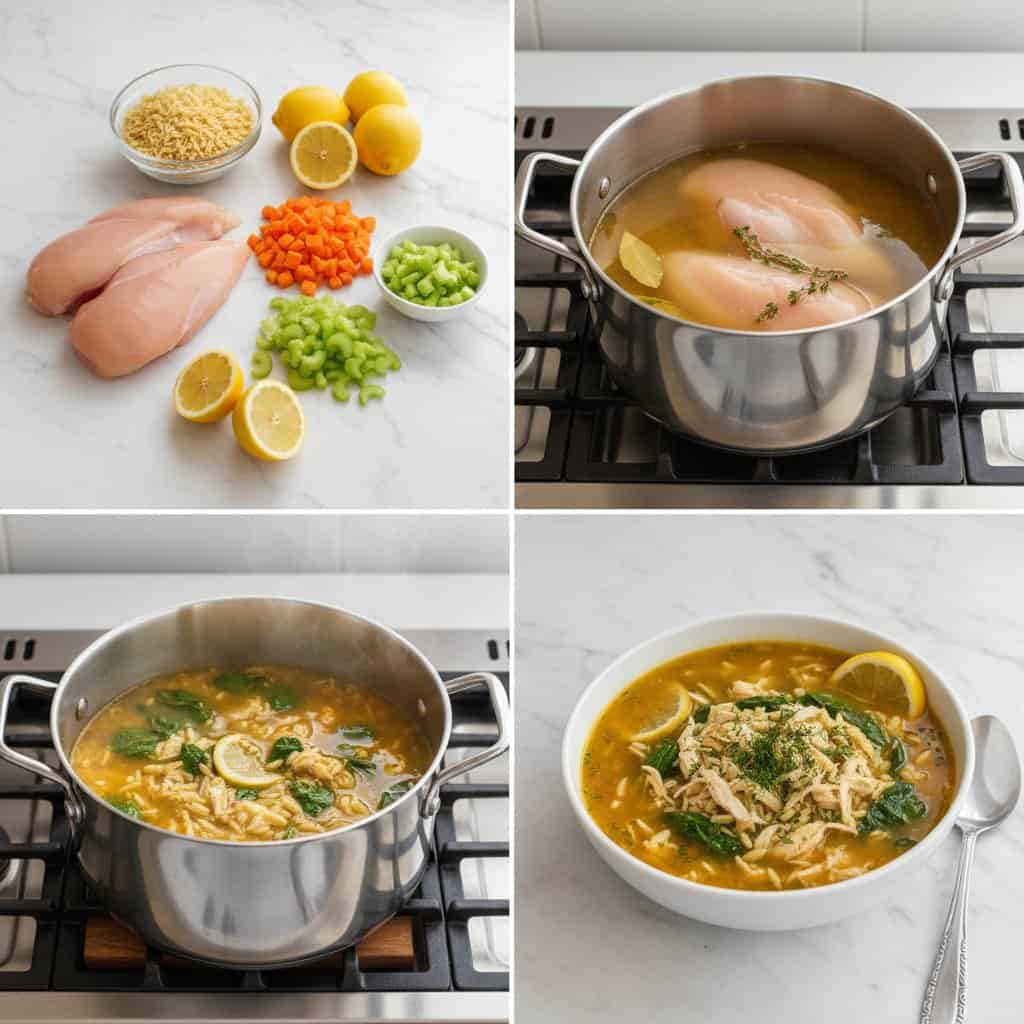 Step by step process for making Lemon Chicken Orzo Soup