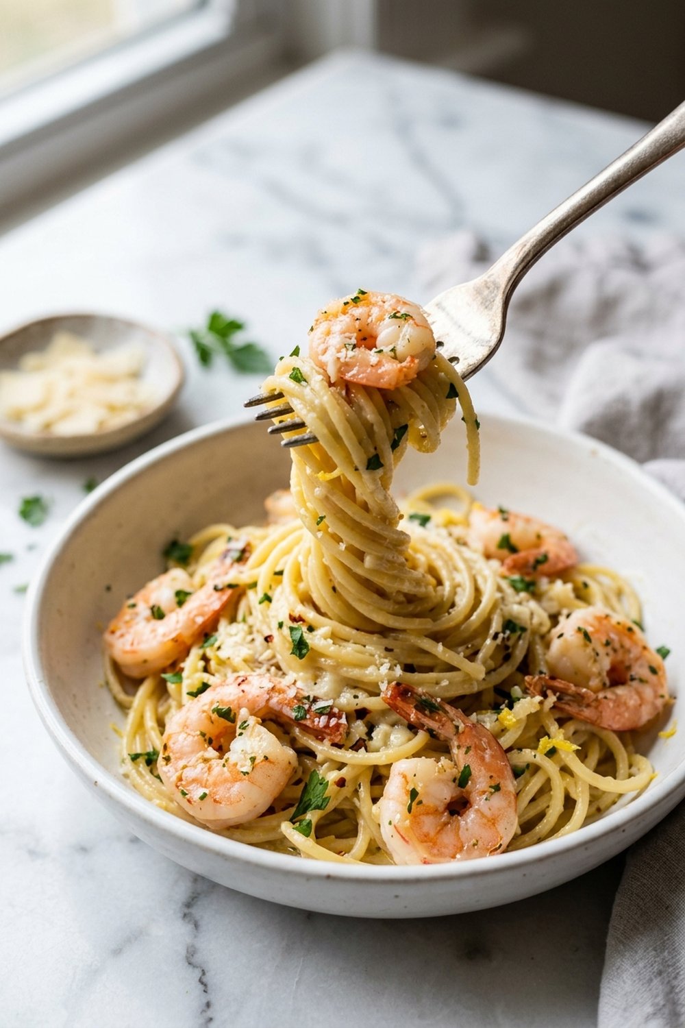 Lemon Garlic Shrimp Pasta close up