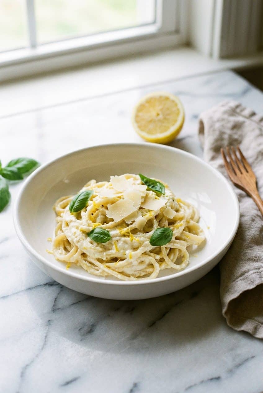 Single serving lemon ricotta pasta with lemon zest