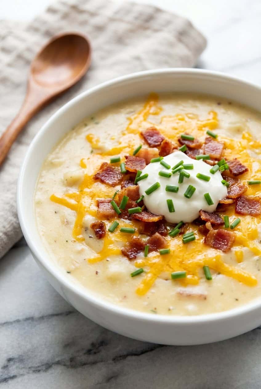 Close up of Loaded Baked Potato Soup
