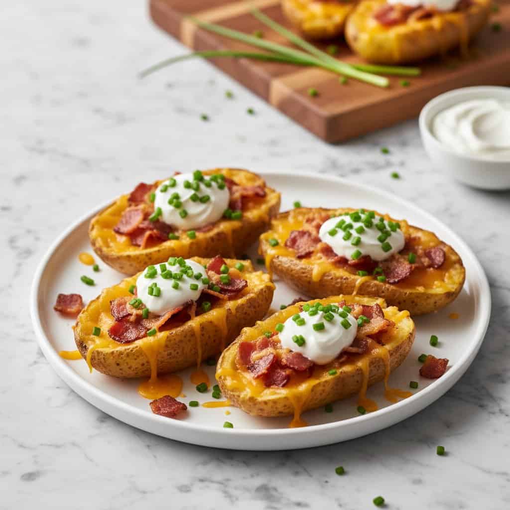 Loaded potato skins in a white ceramic baking dish on marble