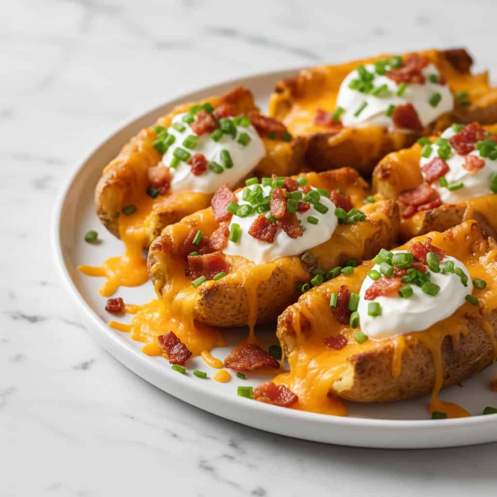 Close up of loaded potato skins with melted cheese and bacon