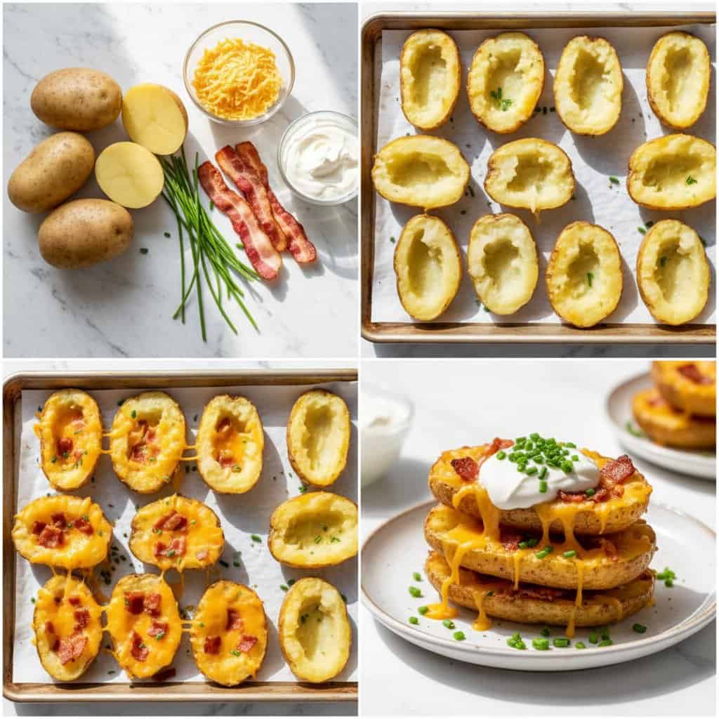 Step by step process of making loaded potato skins