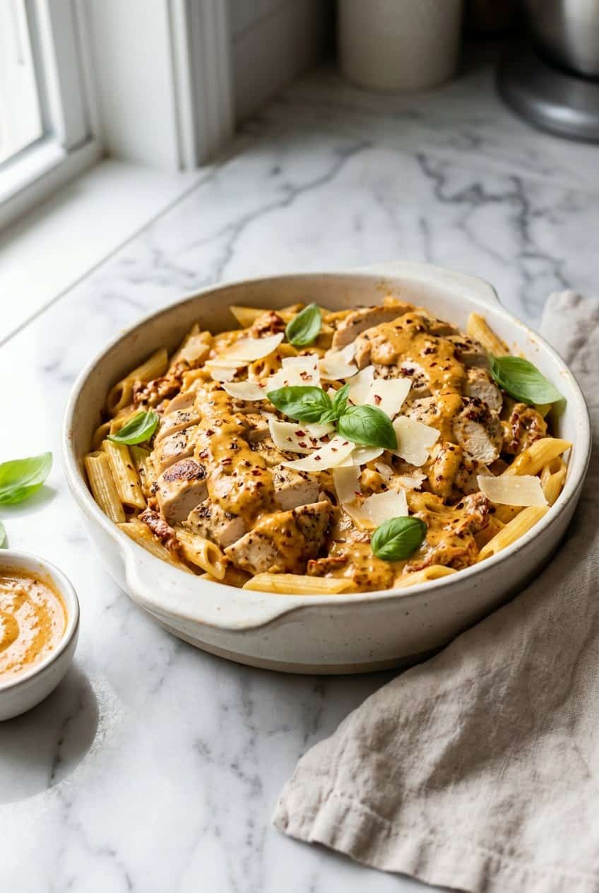 Marry me chicken pasta in a white ceramic baking dish with creamy sun-dried tomato sauce, chicken breasts, penne pasta, and fresh basil