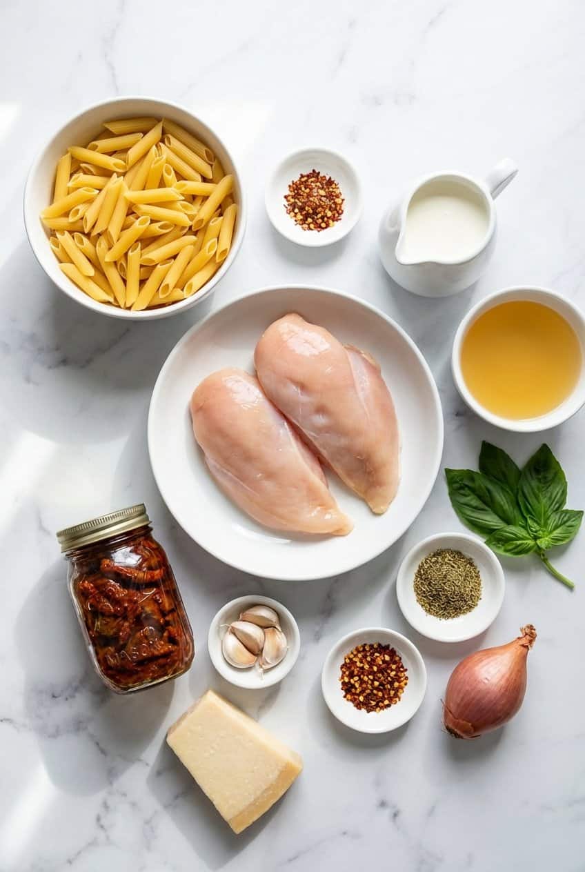 Raw ingredients for marry me chicken pasta laid out in white ceramic bowls on marble including chicken breasts, penne, sun-dried tomatoes, cream, and parmesan