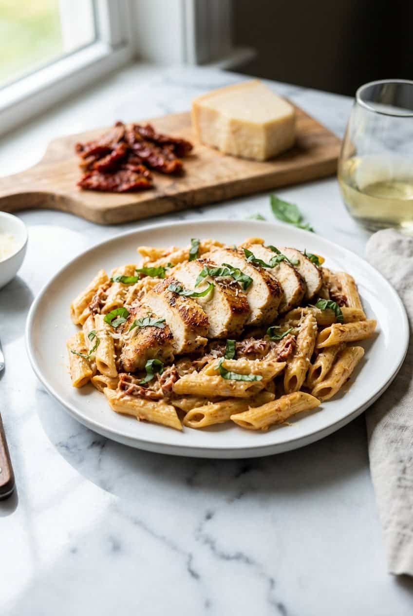 Single serving of marry me chicken pasta on a white plate with penne in creamy sun-dried tomato sauce topped with sliced golden chicken, basil, and parmesan