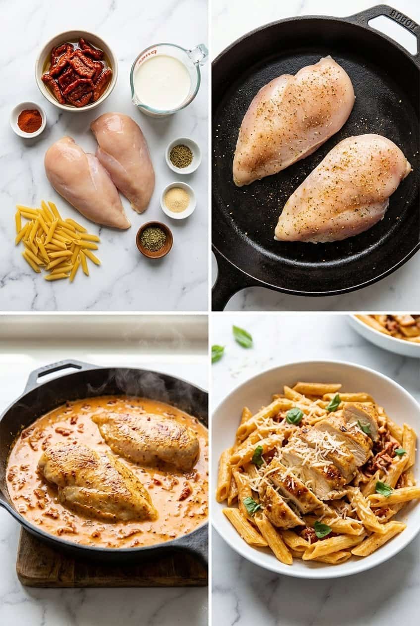 Four panel collage showing step by step process of making marry me chicken pasta from raw ingredients to finished dish