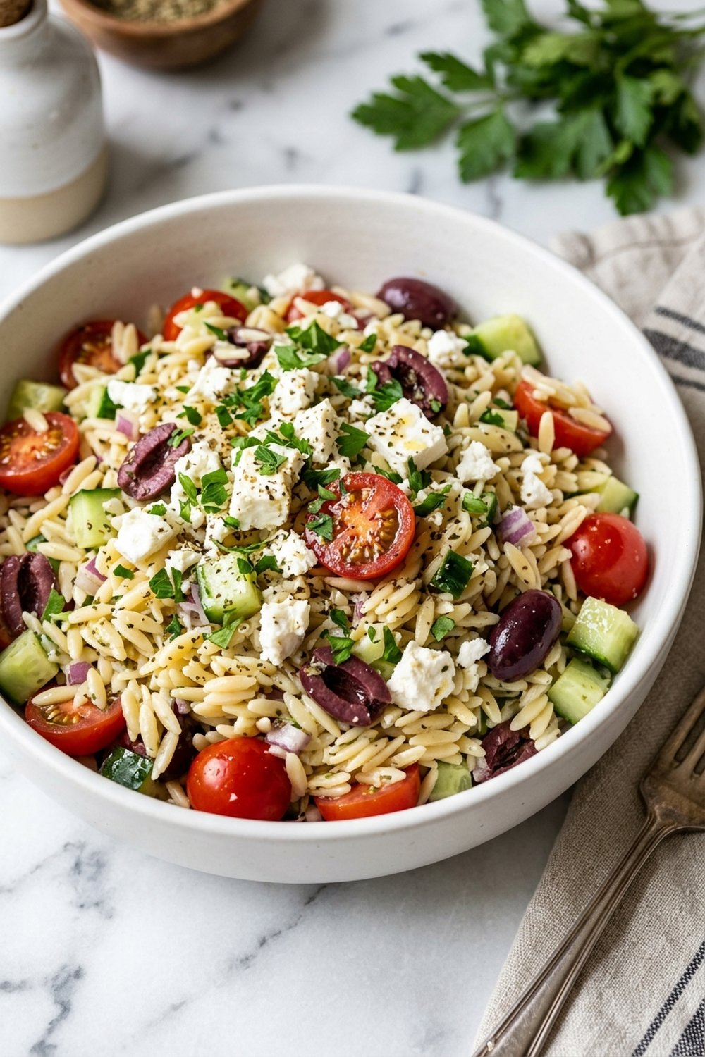 Mediterranean Orzo Salad close up
