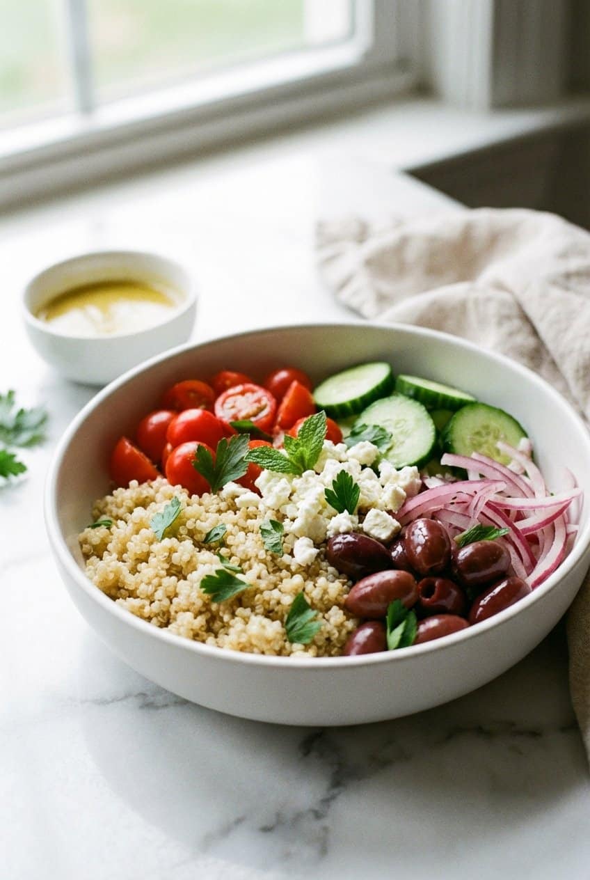 Mediterranean quinoa bowl with feta, chickpeas, and lemon dressing