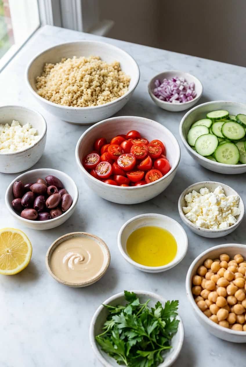 Raw ingredients for Mediterranean quinoa bowl in white bowls on marble