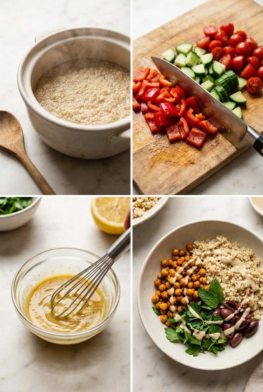Step by step process of making Mediterranean quinoa bowl