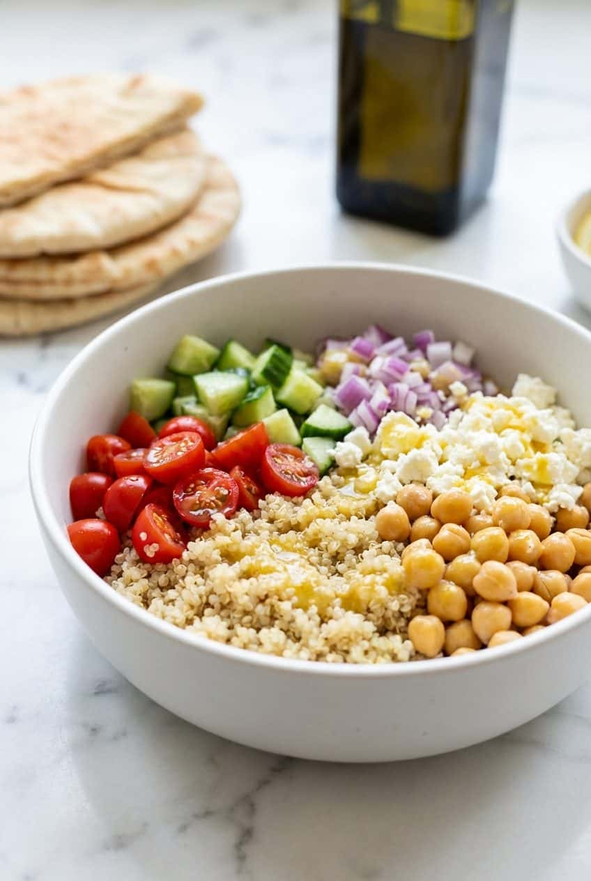 Single serving of Mediterranean quinoa bowl with feta and lemon dressing