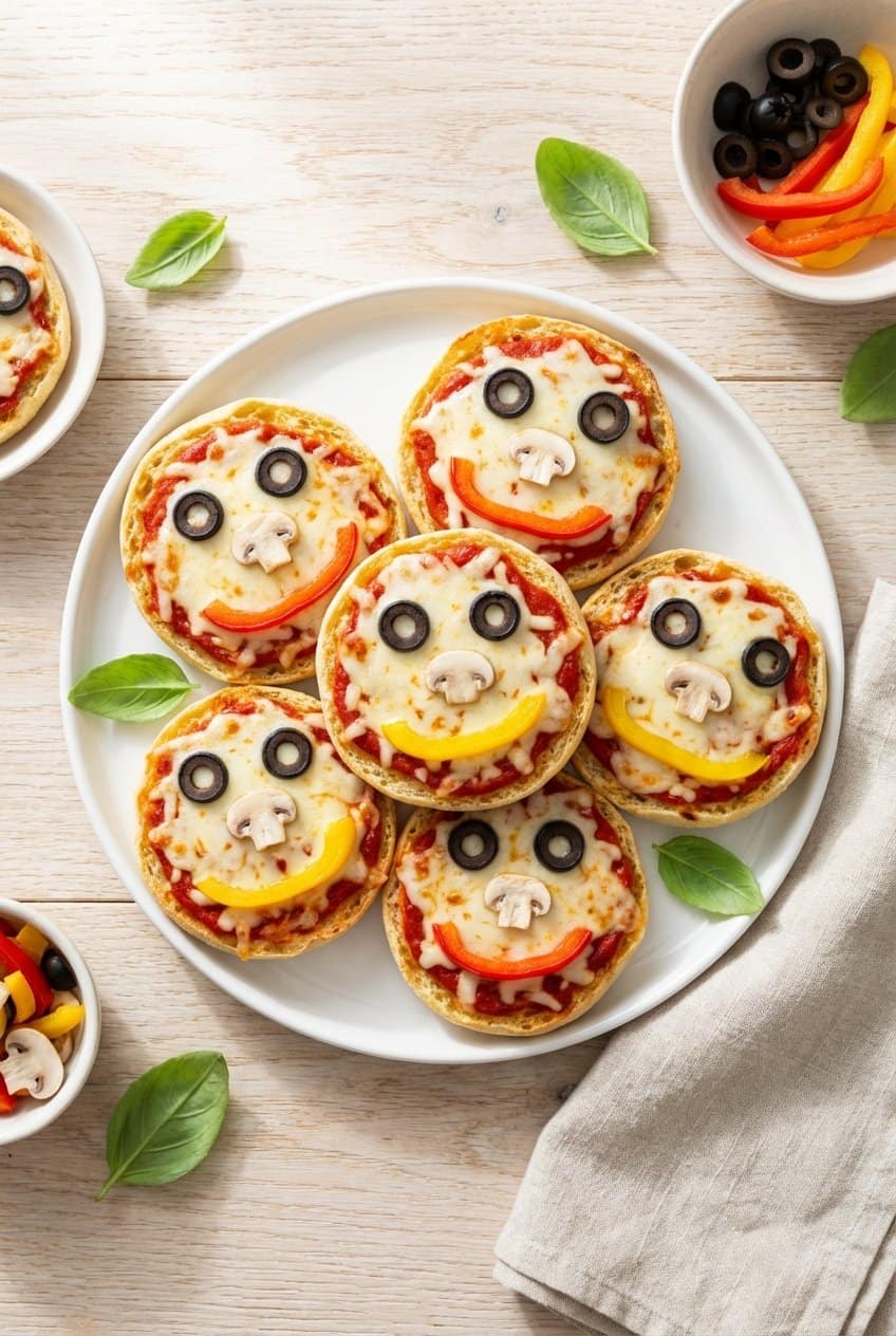 Mini pizza faces with veggie toppings