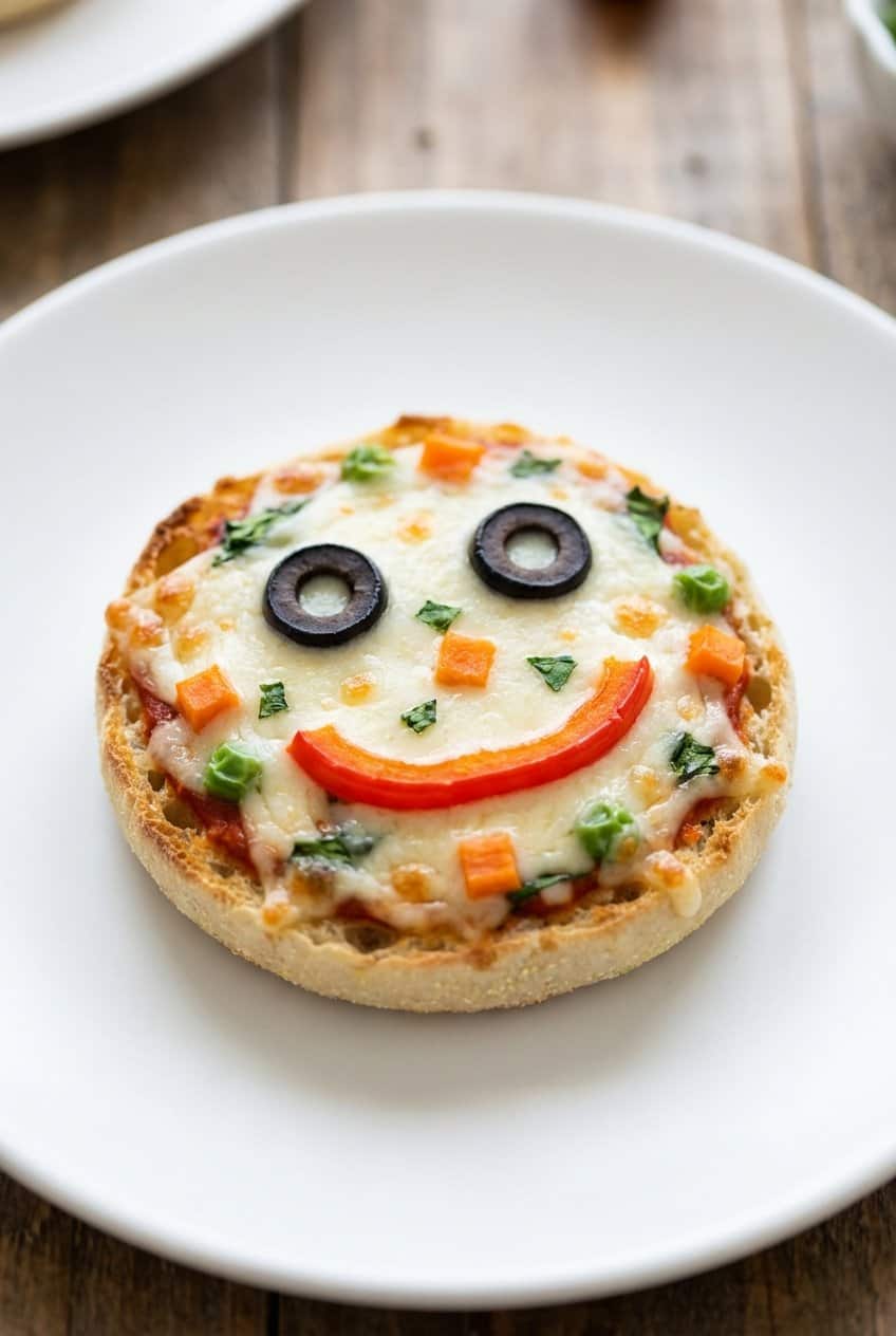 Close up of mini pizza face with veggie toppings