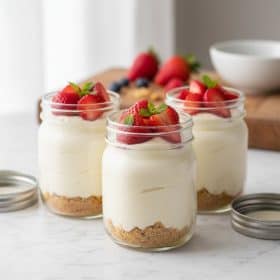 No bake cheesecake jars in glass mason jars on marble with fresh strawberries