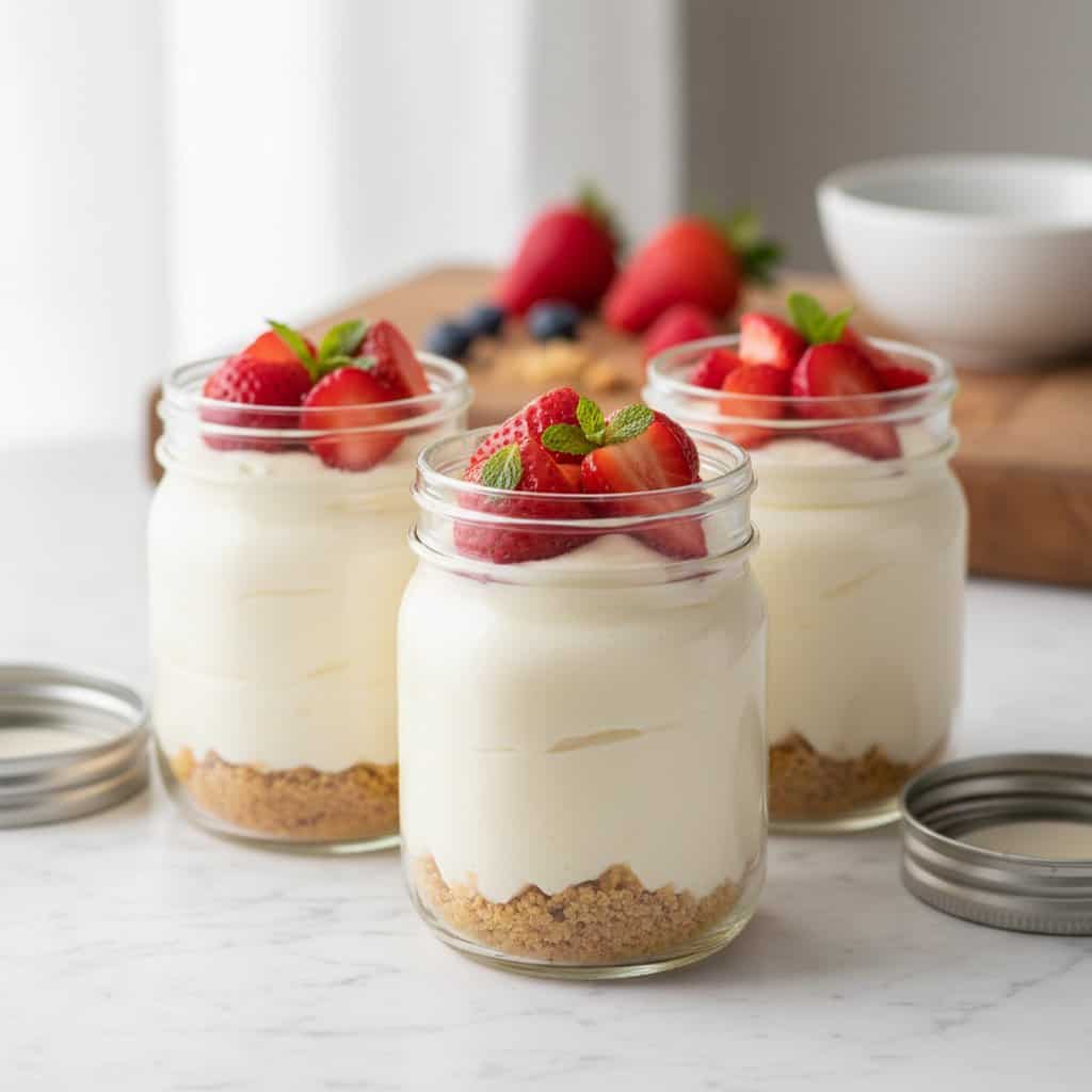 No bake cheesecake jars in glass mason jars on marble with fresh strawberries