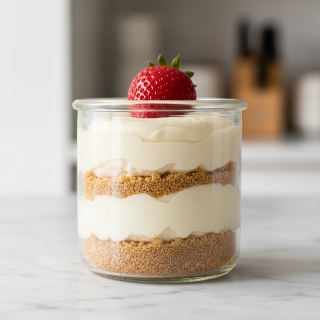 Close up of no bake cheesecake jar with creamy filling and strawberry topping